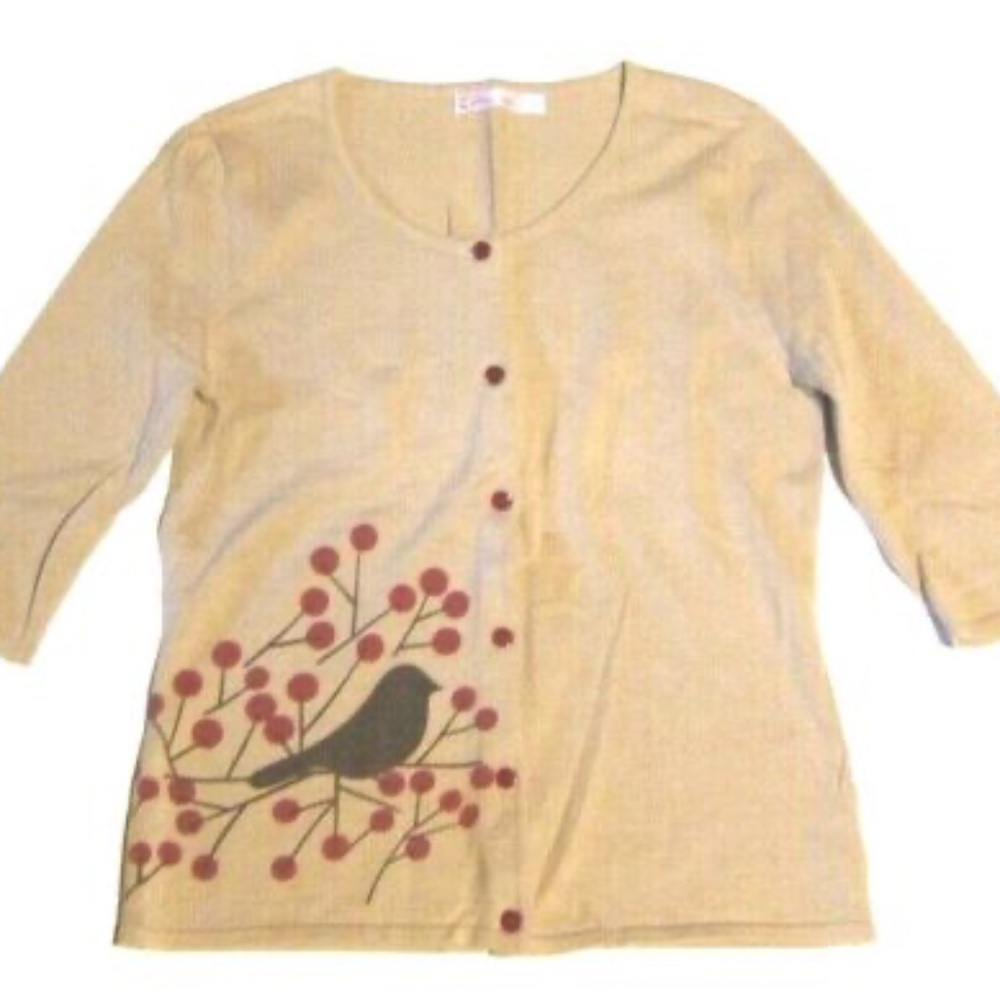 Beige Bird Print Women’s Cardigan Sweater